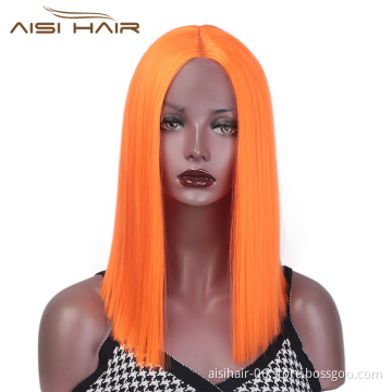 Aisi Hair Medium Long Orange Wig Cosplay Front Lace Wig Middle Part Straight Silky Synthetic Lace Frontal Hair Wigs For Women